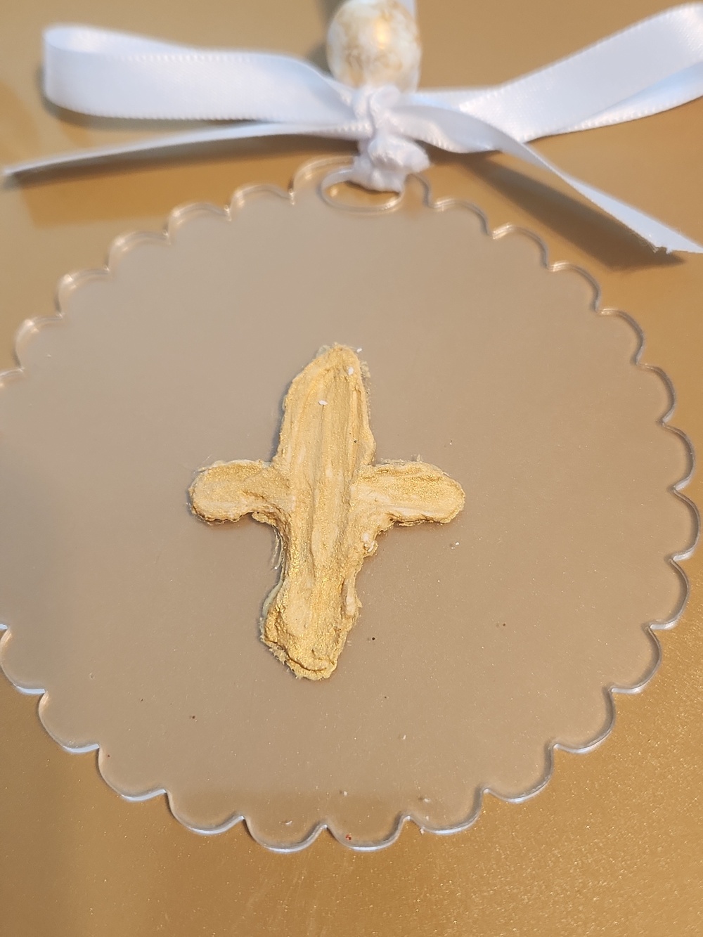 Scalloped Acrylic Disk With Gold Cross White Satin Ribbon Accent- Religious Gift